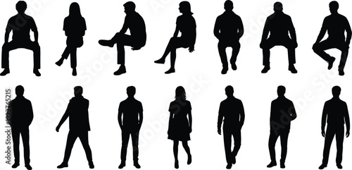 Diverse group of people silhouettes in various seated and standing poses on white background woman male