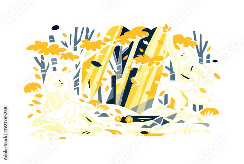 Magical autumn glow. A dense forest where leaves shine like embers against cool shadows,