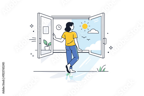 Light Through Window. Windows as framing devices. Person standing by an open window, half inside, half outside, light flowing through. Transition, reflection,