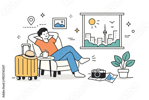 Staycations and local getaways. A relaxed person enjoying a cozy home vacation with a suitcase, plants, and a city view from the window. The