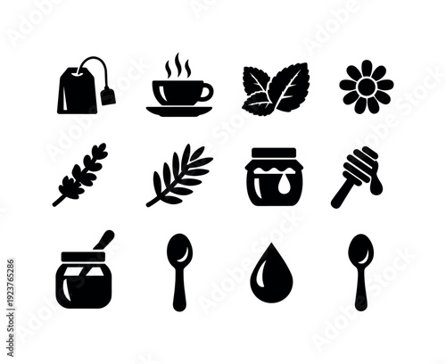 Wellness herbal tea. Filled icon set of Wellness herbal tea: herbal bag, tea cup, mint