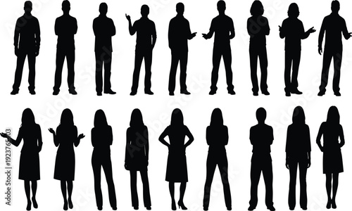 Black silhouettes of business people standing, professional men and women collection, corporate group poses, isolated on white background, team vector,