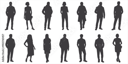 Diverse People Silhouettes Standing in Casual and Business Attire on White Background woman