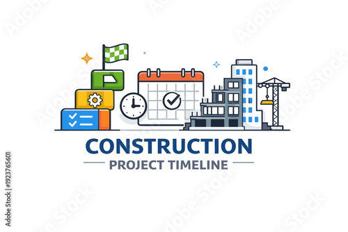 Construction project timeline highlighting step by step progress management in a building process. A clean editorial badge with sequential