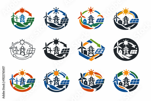 Renewable energy grids. Icon set. Set Logo of Renewable energy grids: energy flow circuit diagram. harmonious logo variations of the same