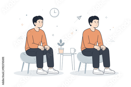 Being without narrative. A figure is shown twice in the same frame, doing nothing differently, reflecting stasis and repetition without