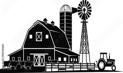 Black farm silhouette with barn, windmill, silo, cows, and tractor on white background, rural landscape illustration, agriculture industry, country life,
