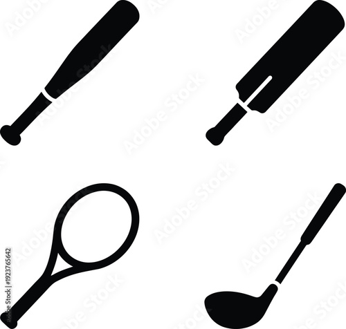 Black Vector Sports Equipment Icon Set Including Baseball Bat, Cricket Bat, Tennis Racket, and Golf Club
