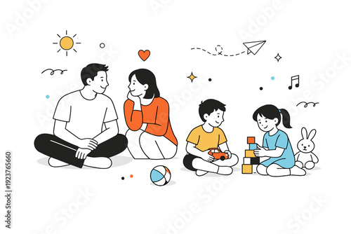 Family time. Editorial-style abstract scene with parents and children spending time together, sitting, talking, or playing calmly. Warm and