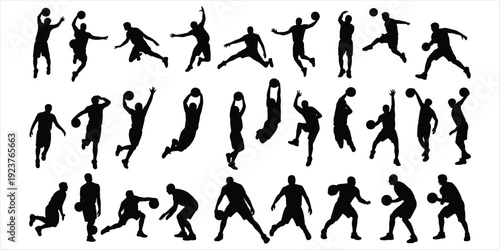 Diverse Silhouettes of Basketball Players in Action on White Background jump