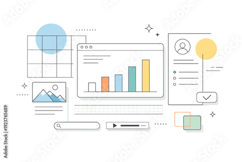 Graphic design. Abstract composition of grids, frames, and geometric shapes showing structure and visual balance. Calm modern scene focused