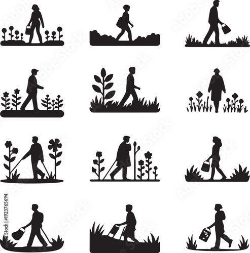 Black silhouettes of people gardening and working outdoors in various activities