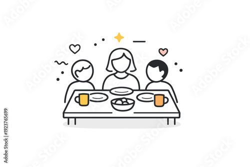 Family mealtime icon. A simple icon showing a shared table with plates and cups, representing daily togetherness and communication. The mood