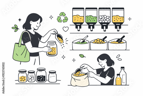 Reusable packaging concept. A shopper filling jars and cloth bags at a bulk food section, showing conscious choices and reduced packaging. Clean shelves and