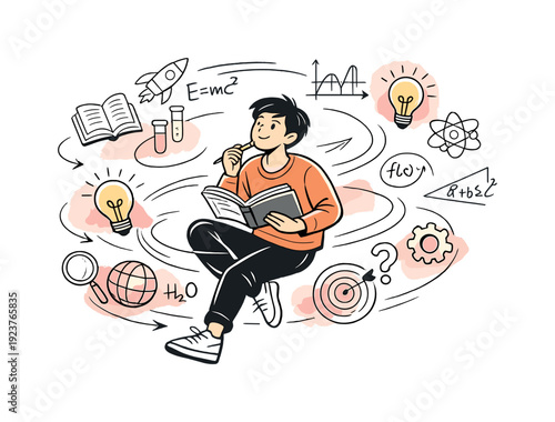 Knowledge in Motion. A learner surrounded by formulas, diagrams, and lightbulb icons