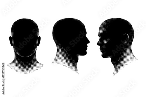 Head silhouette a human head with subtle neck connection shown in frontal orientation clean profile orientation and angled orientation