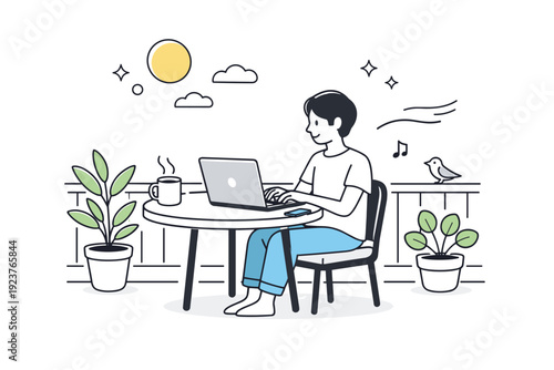 Remote work on sunny balconies. Morning remote work routine on a balcony with coffee, laptop, and gentle breeze. Peaceful start of the day