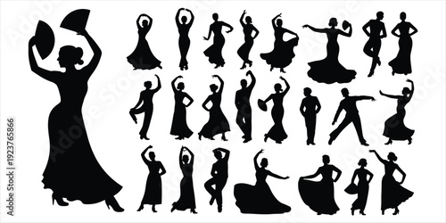 Diverse silhouettes of flamenco dancers and figures in various poses on white background Keywords: flamenco, dancer, silhouette