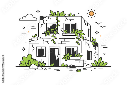Greenery Amidst Ruins. Urban decay with greenery. Old concrete building with cracks and soft plants growing through walls and windows. Quiet contrast between