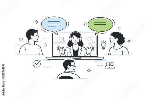 Remote leadership presence in action. A virtual meeting moment where the leader creates space for discussion, gentle motion cues around