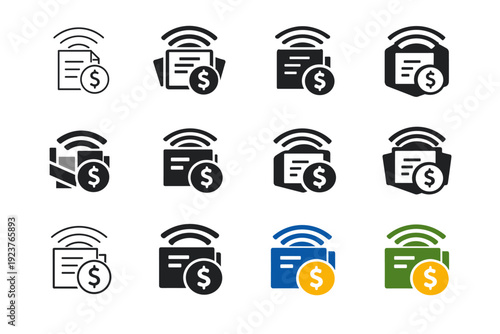 Paying bills online. Icon set. Set Logo of Paying bills online: bill and currency icon with wi-fi. harmonious logo variations of the same
