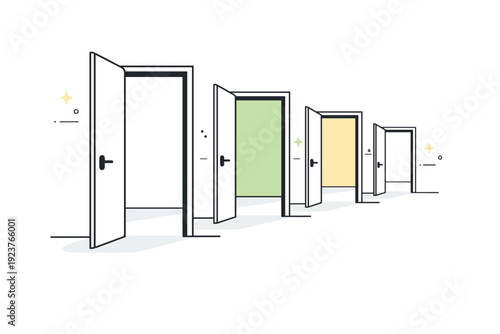 Doorways framing emptiness. Interior hallway with multiple open doors leading to unoccupied spaces, light shifting gently across the floor.