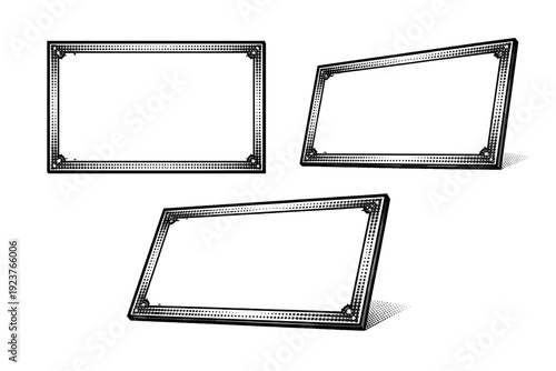 Black and white halftone border-style invitation frame, a single minimal border frame object depicted in front view, angled view, and