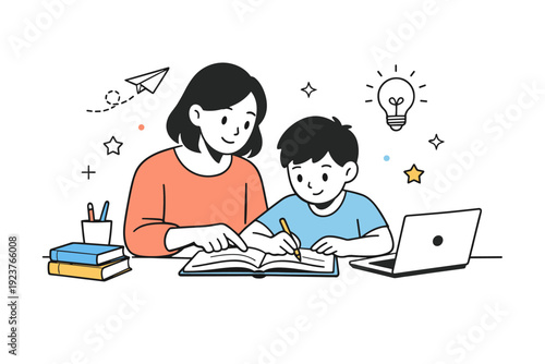 Parents and children connection. A calm scene with a parent reading a book to a child or helping with homework. The mood feels gentle,