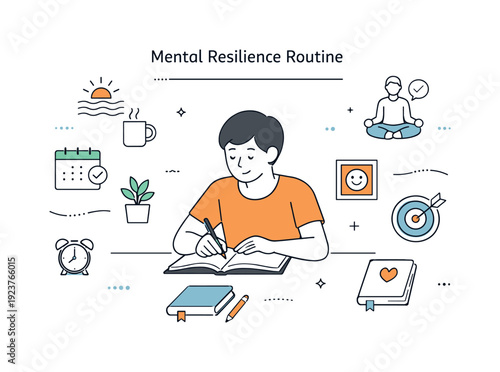 Mental resilience training routine. A person practicing simple daily habits like journaling or reflection, calm and focused atmosphere. The