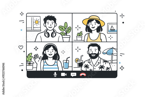 Summer team check-ins online. A small team appears in a video call grid with relaxed smiles, light clothing, and summer details like sunlight