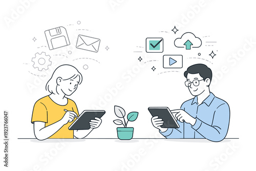 Seamless Tech Transition. Adapting to new processes. Colleagues learning updated tools on tablets as old icons fade softly away. Calm transition