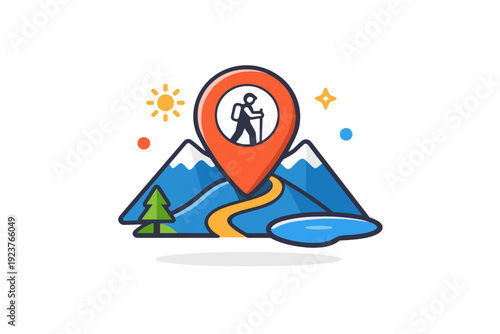 Hiking and mountain exploration shown as a map pin placed on a stylized mountain range, communicating destination travel, route planning, and
