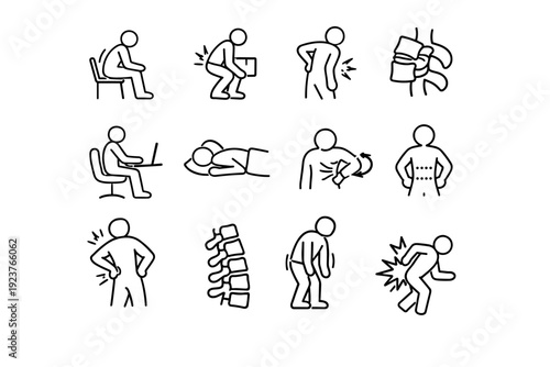 Back Pain Causes. Line icon set of Back Pain Causes: poor posture sitting, heavy lifting strain, muscle tension back, herniated disc symbol,