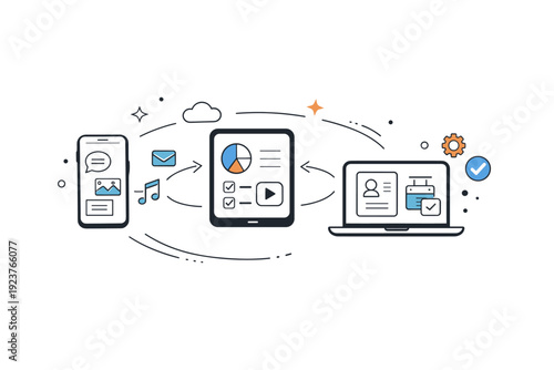 Mobile devices ecosystem. Smartphone, tablet, and laptop visually connected with soft lines, showing seamless data sync. Calm tech harmony