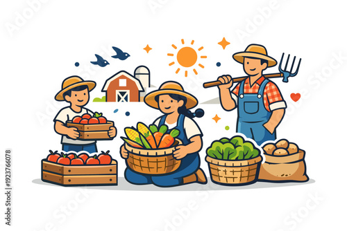 Family farm life and traditional agricultural practices expressed by a harvest moment with baskets of produce and gentle motion, highlighting