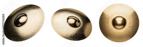 Three Brass Drum Cymbals Shown from Different Angles Isolated on a Clean White Background