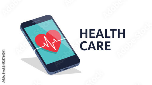 Smartphone displaying a red heart with a vital sign pulse, representing healthcare technology and services.