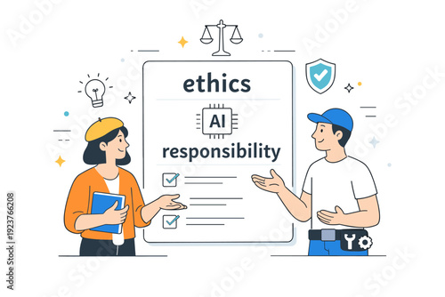 Algorithm accountability. A designer and an engineer discussing AI rules in front of a large card labeled ?ethics? and ?responsibility?.