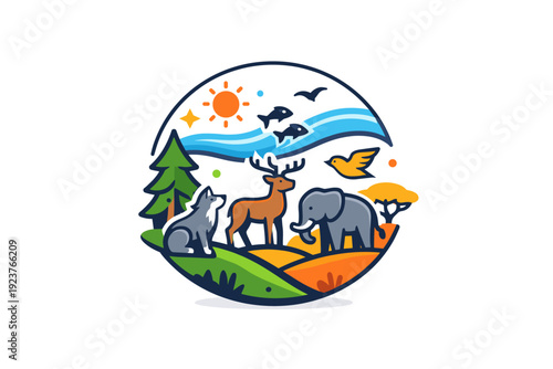 Animals in the wild highlighting instinctive behavior and coexistence within forests, savannas, or oceans. A compact conceptual badge