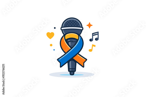 Concerts for charitable events and causes illustrated by a single microphone wrapped with a subtle ribbon icon, symbolizing voices coming