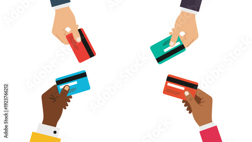 Four hands holding different colored credit cards against a white background.