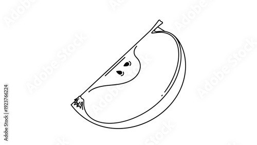 A simple black and white line drawing of a single apple slice with seeds visible.