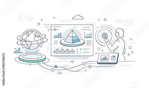 Futuristic technology illustrations. Vision of advanced digital systems and innovation, calm and optimistic future mood. Editorial scene with