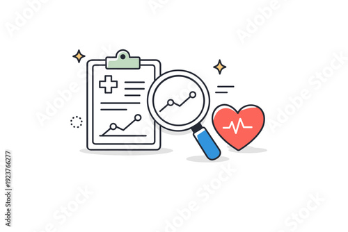 Preventive health analytics objects. A medical chart with a magnifying glass and heart icon, representing early detection and regular monitoring. Minimalist