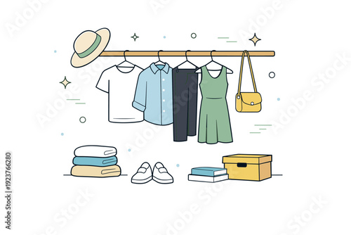 Minimalist closet. A clean wardrobe with selected clothing pieces and empty space between items, symbolizing clarity. Editorial illustration