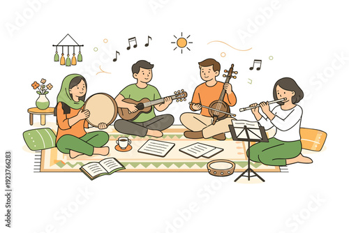 Nowruz cultural rehearsal scene. Musicians practicing indoors with simple rugs, cushions, and music sheets around. Warm preparation, creativity, and seasonal