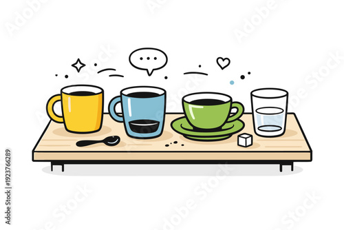 Half-finished cups on tables. Kitchen table with mismatched cups, each partly filled, suggesting an unhurried shared moment. Calm domestic