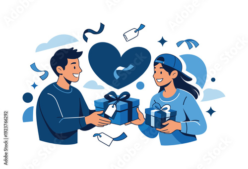 Thoughtful present. Friends exchanging gifts with smiles, paper tags and ribbons drifting