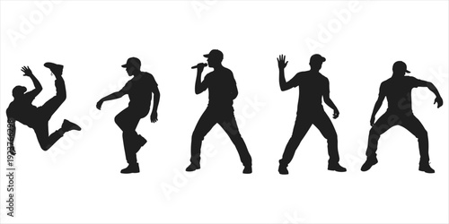 Energetic Silhouettes of Male Dancers and Rappers in Action Poses on White Background vector illustration