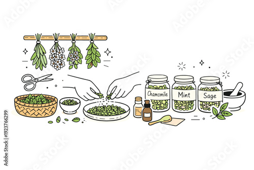 Herbal medicine preparation. Fresh herbs being dried and placed into jars with simple handwritten labels. Focused process, natural remedies,